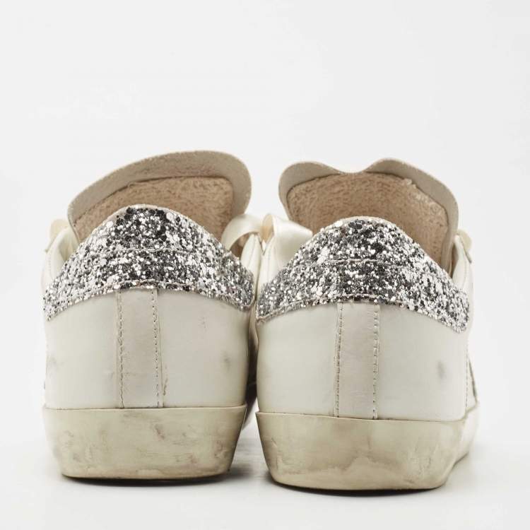 مملوكة مسبقًا Golden Goose White Leather and Glitter Detail Super Star Low Top Sneakers  Size 39