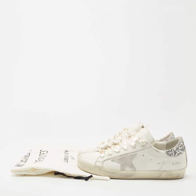 مملوكة مسبقًا Golden Goose White Leather and Glitter Detail Super Star Low Top Sneakers  Size 39