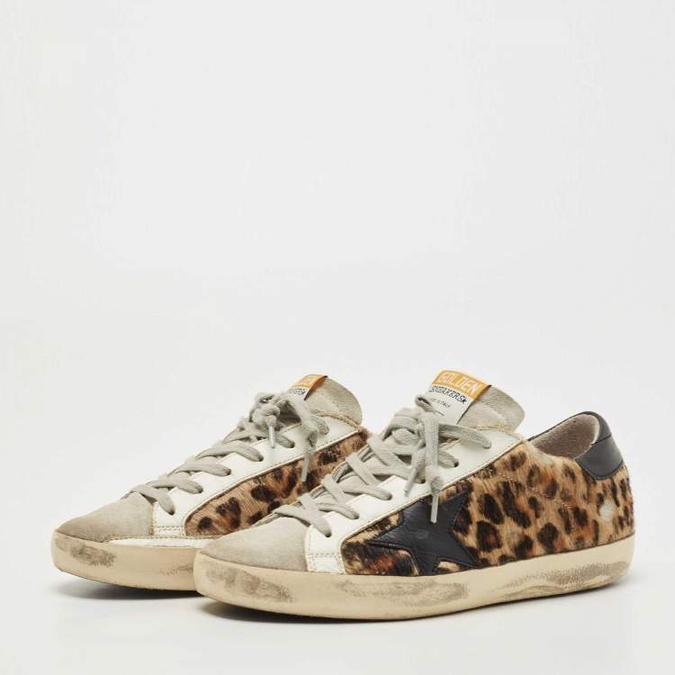 Pre Owned Golden Goose Black/Beige Calf Hair and Leather Superstar Sneakers Size 36