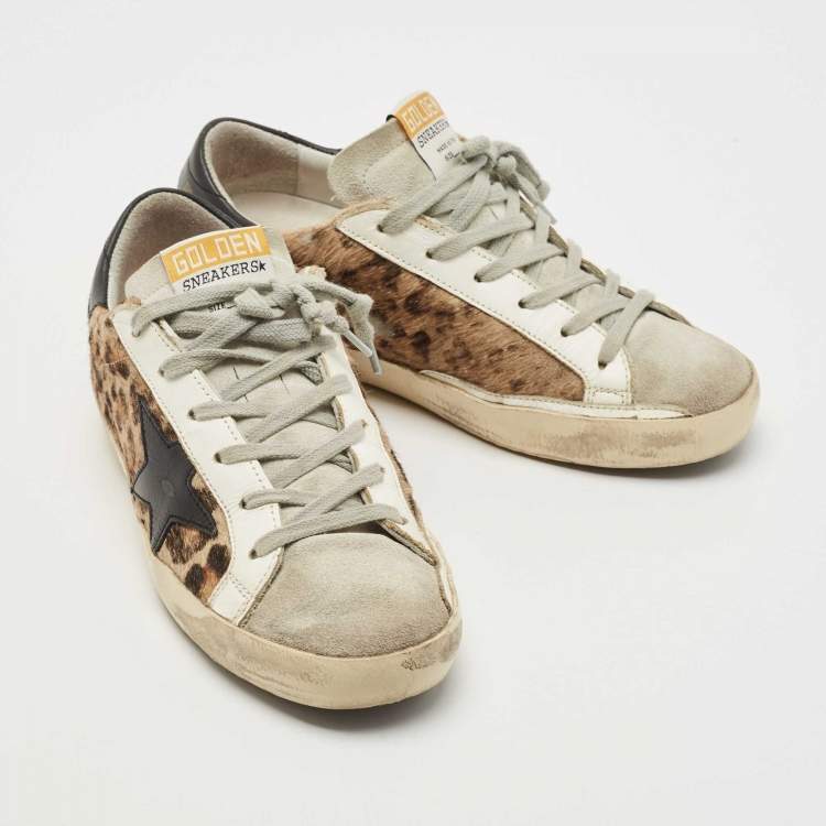 Pre Owned Golden Goose Black/Beige Calf Hair and Leather Superstar Sneakers Size 36