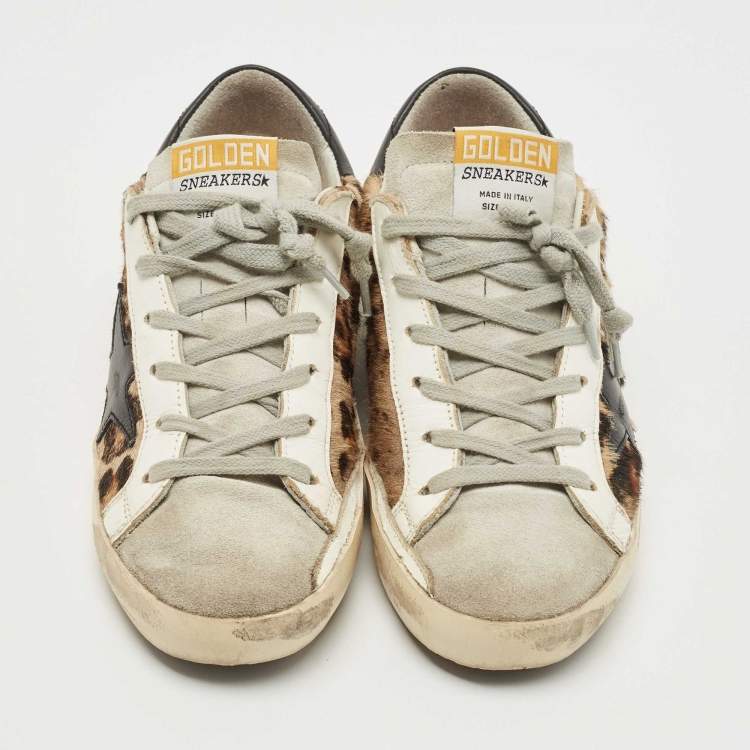 Pre Owned Golden Goose Black/Beige Calf Hair and Leather Superstar Sneakers Size 36