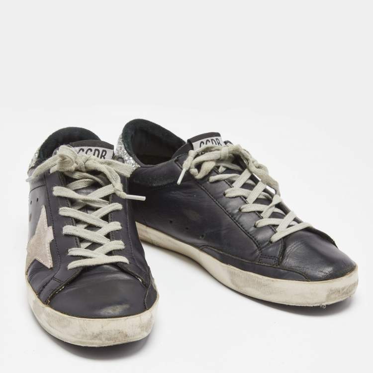 Pre Owned Golden Goose Black/Silver Leather and Coarse Glitter Superstar Low Top Sneakers Size 38