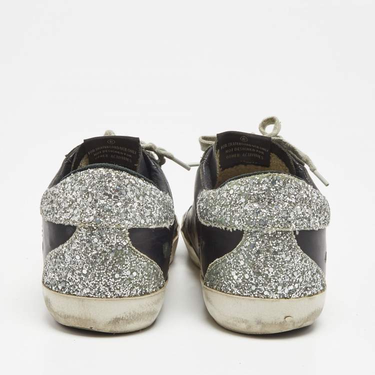 Pre Owned Golden Goose Black/Silver Leather and Coarse Glitter Superstar Low Top Sneakers Size 38