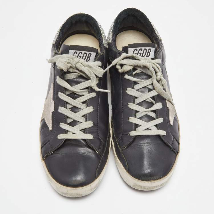 Pre Owned Golden Goose Black/Silver Leather and Coarse Glitter Superstar Low Top Sneakers Size 38