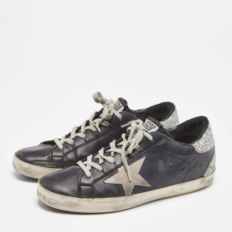 Pre Owned Golden Goose Black/Silver Leather and Coarse Glitter Superstar Low Top Sneakers Size 38