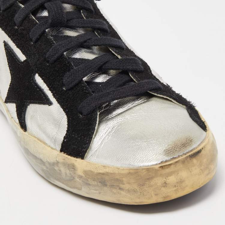 Pre Owned Golden Goose Silver/Black Leather and Suede Superstar Sneakers Size 38