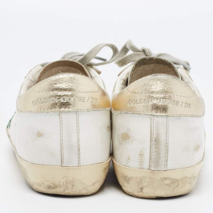 Pre Owned Golden Goose White/Green Leather and Coarse Glitter Superstar Sneakers Size 38