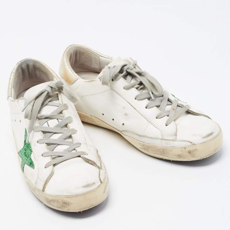 Pre Owned Golden Goose White/Green Leather and Coarse Glitter Superstar Sneakers Size 38