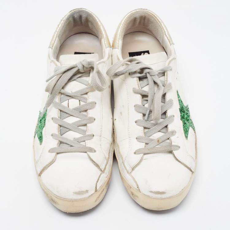 Pre Owned Golden Goose White/Green Leather and Coarse Glitter Superstar Sneakers Size 38