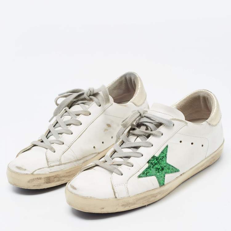 Pre Owned Golden Goose White/Green Leather and Coarse Glitter Superstar Sneakers Size 38