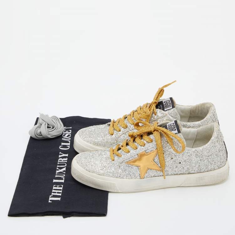 Pre Owned Golden Goose Silver/Gold Glitter and Suede Hi Star Low-Top Sneakers Size 39