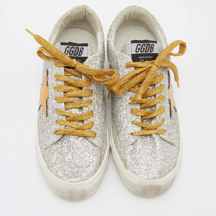 Pre Owned Golden Goose Silver/Gold Glitter and Suede Hi Star Low-Top Sneakers Size 39