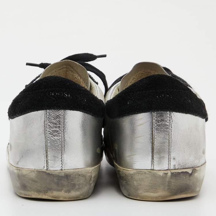 Pre Owned Golden Goose Metallic/Black Leather and Suede Superstar Sneakers Size 40