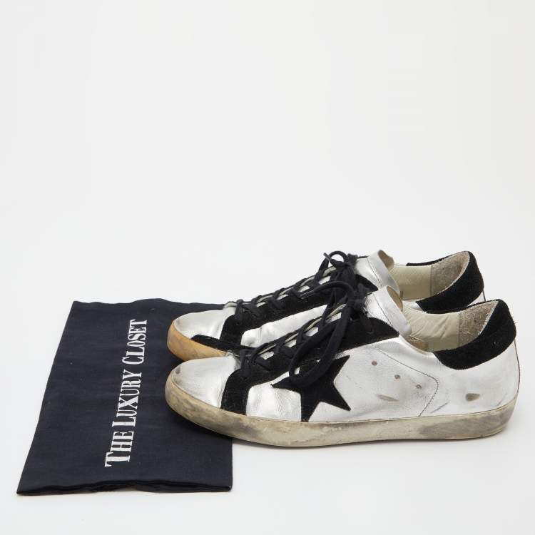 Pre Owned Golden Goose Metallic/Black Leather and Suede Superstar Sneakers Size 40