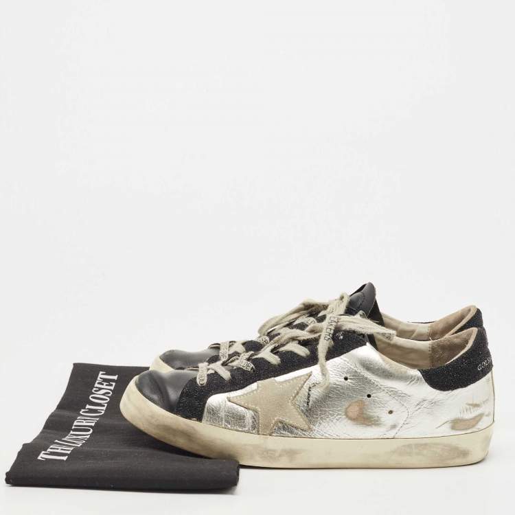 Pre Owned Golden Goose Silver/Black Leather Superstar Sneakers Size 39
