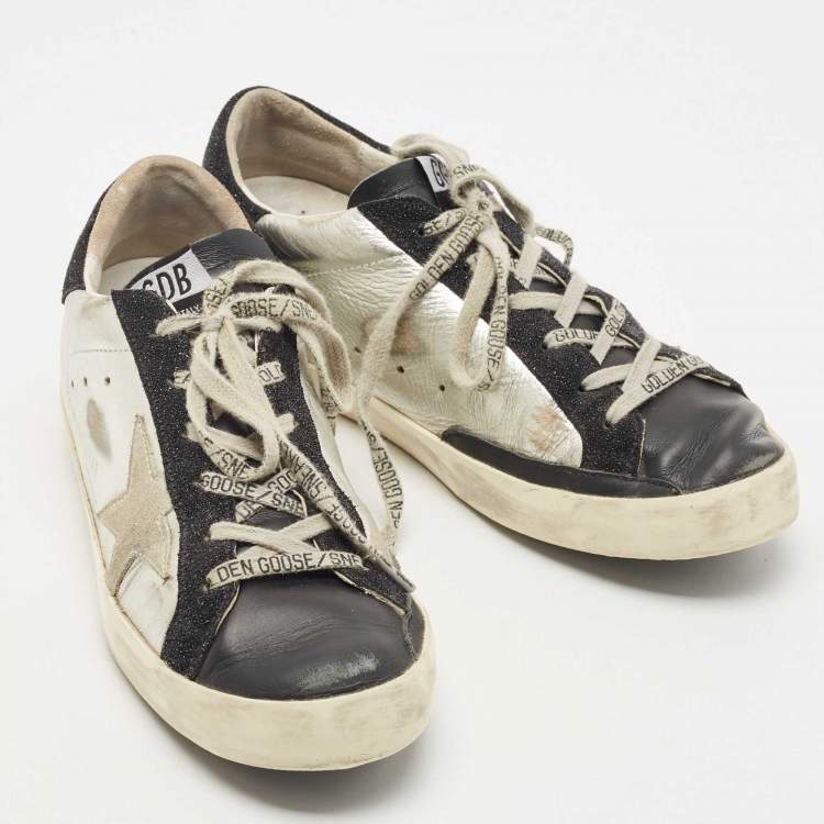 Pre Owned Golden Goose Silver/Black Leather Superstar Sneakers Size 39