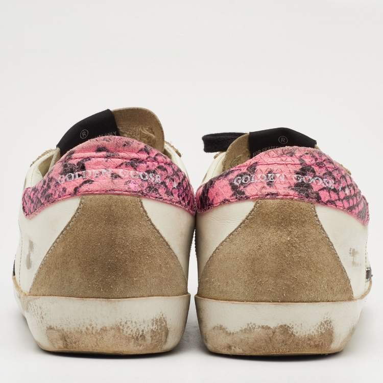 Pre Owned Golden Goose White/Pink Leather and Suede Superstar Sneakers Size 38