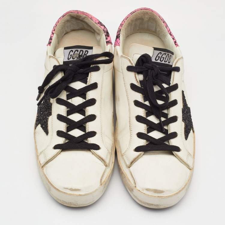 Pre Owned Golden Goose White/Pink Leather and Suede Superstar Sneakers Size 38