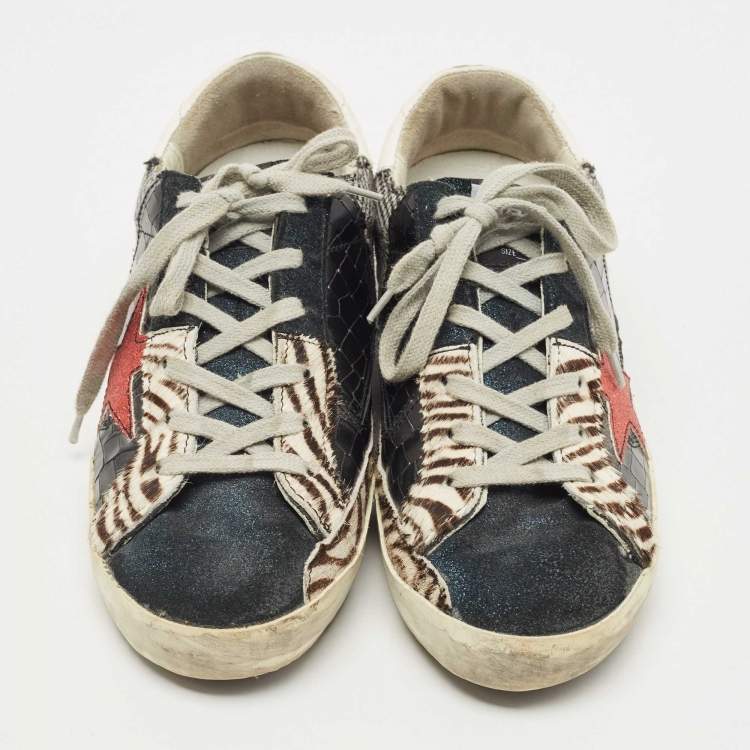 مملوكة مسبقًا Golden Goose Multicolor Calf Hair and Croc Embossed Superstar  Sneakers Size 38