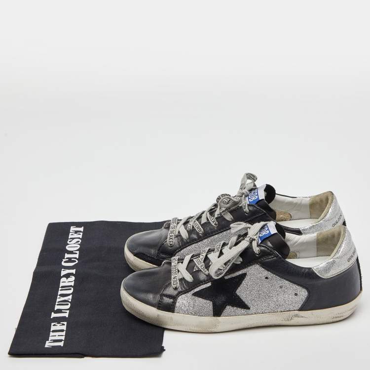 Pre Owned Golden Goose Black/Silver Leather and Glitter Superstar Sneakers Size 38