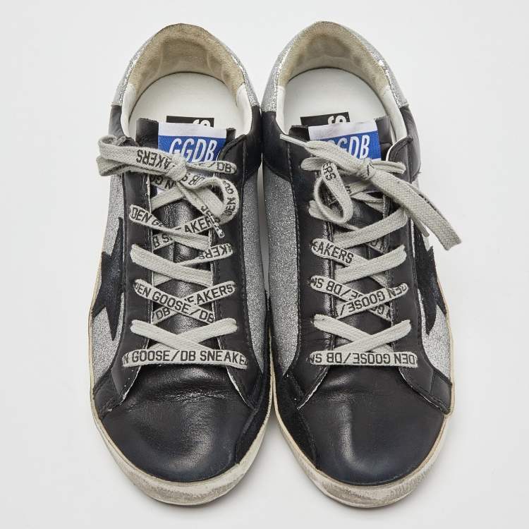 Pre Owned Golden Goose Black/Silver Leather and Glitter Superstar Sneakers Size 38