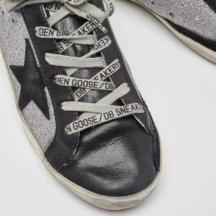 Pre Owned Golden Goose Black/Silver Leather and Glitter Superstar Sneakers Size 38