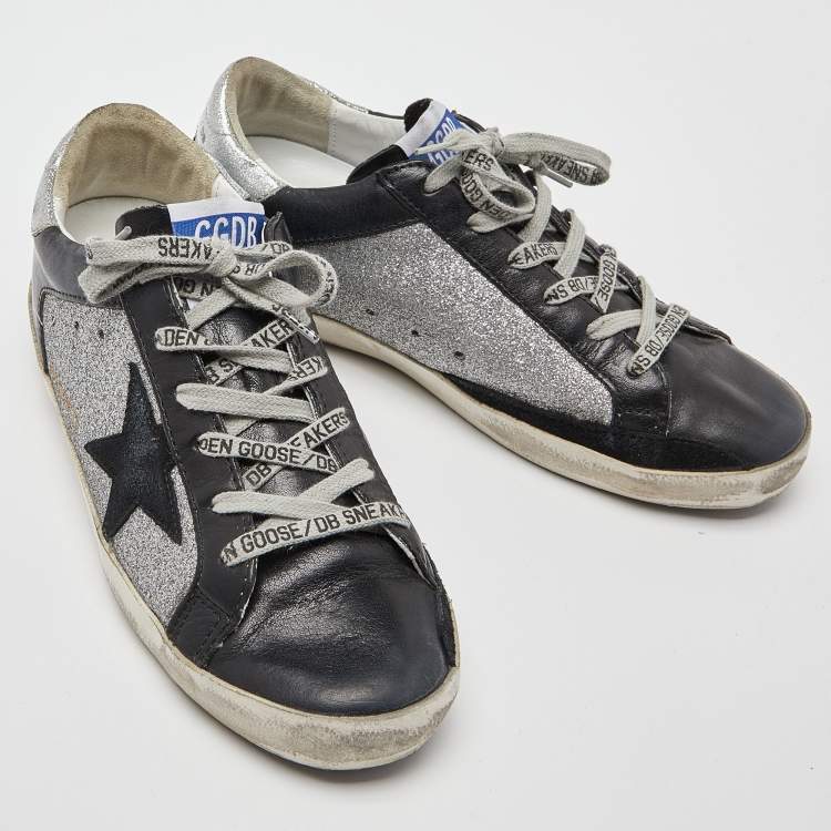 Pre Owned Golden Goose Black/Silver Leather and Glitter Superstar Sneakers Size 38