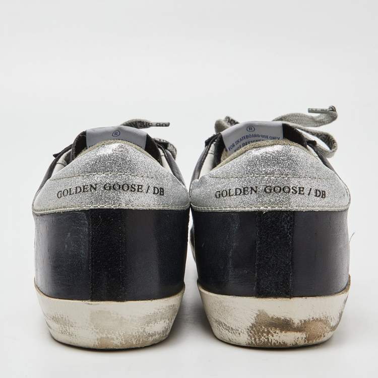 Pre Owned Golden Goose Black/Silver Leather and Glitter Superstar Sneakers Size 38