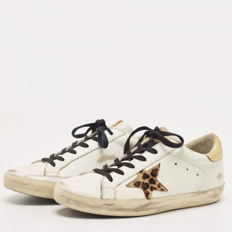 Golden Goose Deluxe Brand White White Metallic White Leather Tab Leopard Star Superstar Sneakers 38