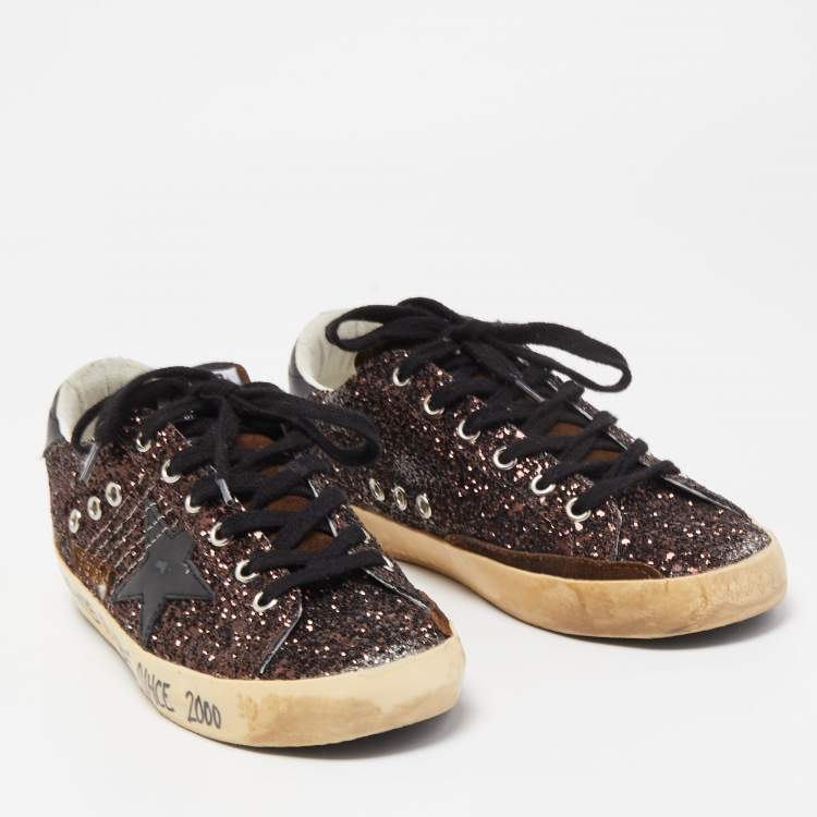 Pre Owned Golden Goose Metallic Gold Glitter and Leather Superstar Sneakers Size 38