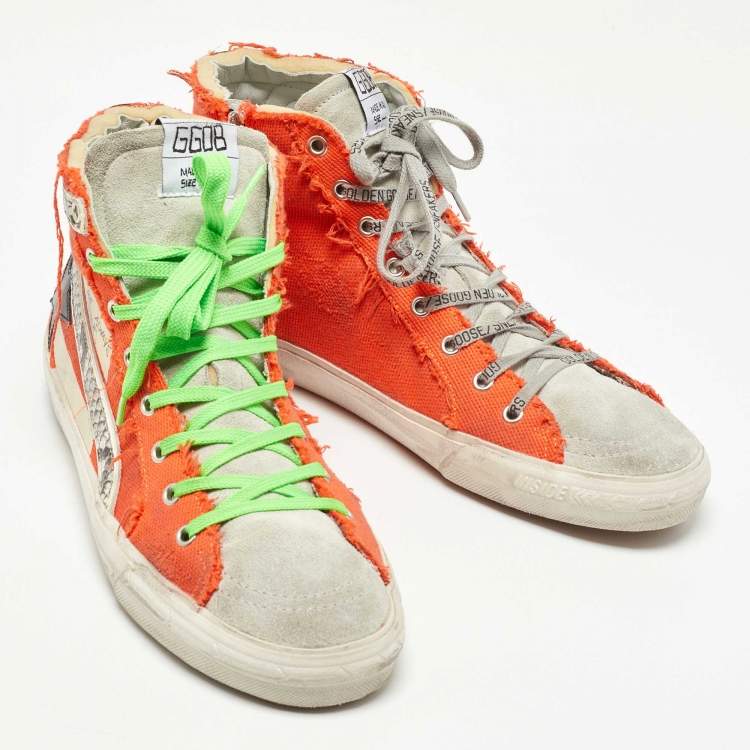 Pre Owned Golden Goose Orange Canvas And Suede Lace Up Classic Sneakers Size 44