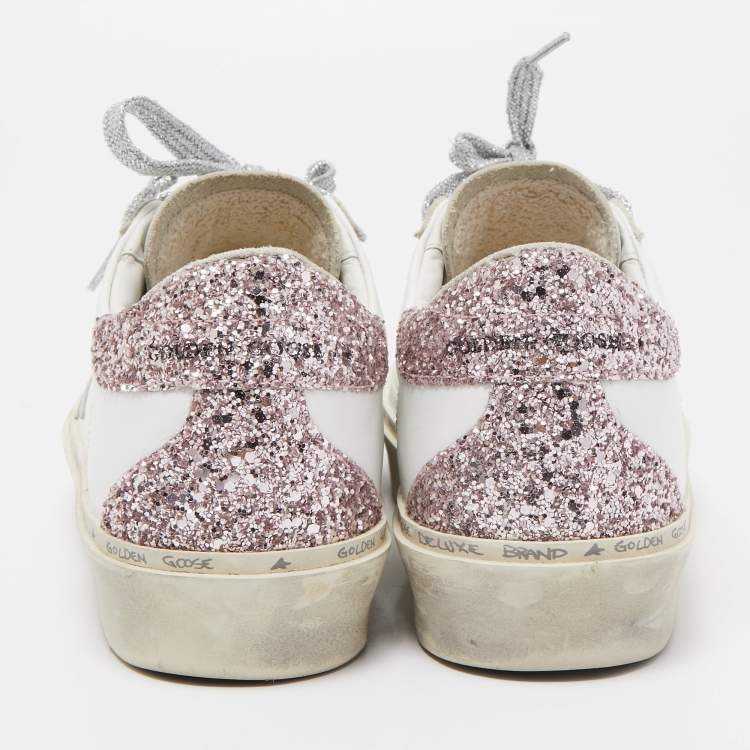 Pre Owned Golden Goose White/Pink Leather and Glitter Hi Star Sneakers Size 37