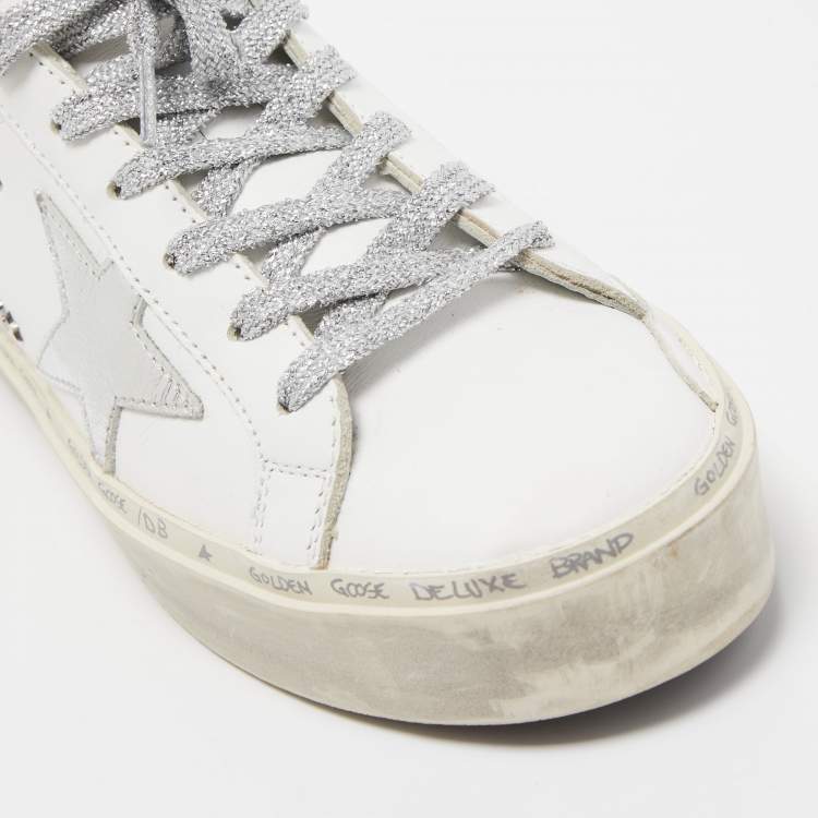 Pre Owned Golden Goose White/Pink Leather and Glitter Hi Star Sneakers Size 37