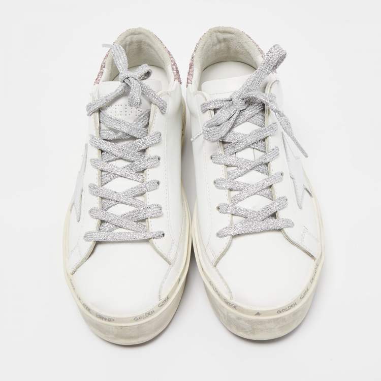Pre Owned Golden Goose White/Pink Leather and Glitter Hi Star Sneakers Size 37