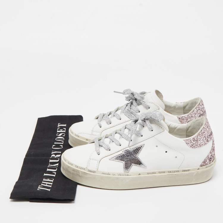 Pre Owned Golden Goose White/Pink Leather and Glitter Hi Star Sneakers Size 37