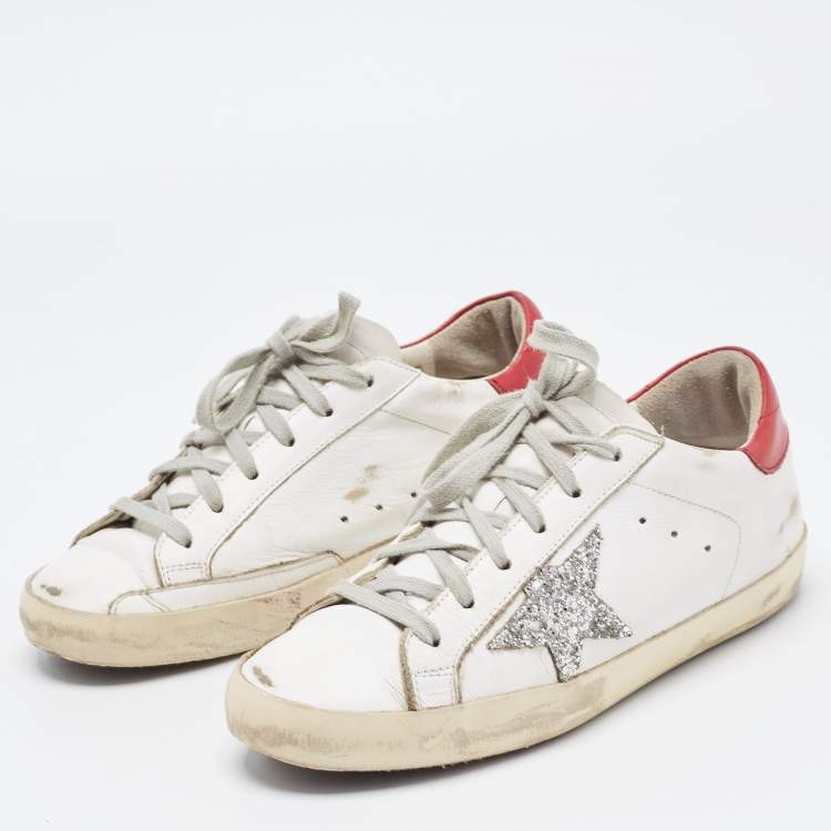 Pre Owned Golden Goose White/Red Leather and Coarse Glitter Superstar Sneakers Size 38