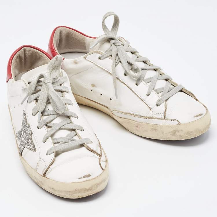 Pre Owned Golden Goose White/Red Leather and Coarse Glitter Superstar Sneakers Size 38