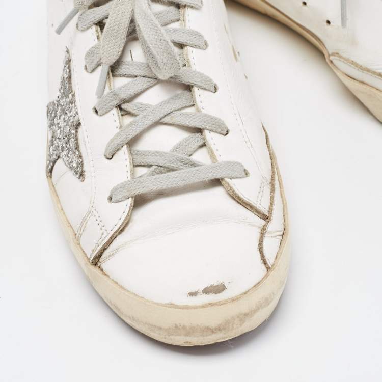 Pre Owned Golden Goose White/Red Leather and Coarse Glitter Superstar Sneakers Size 38