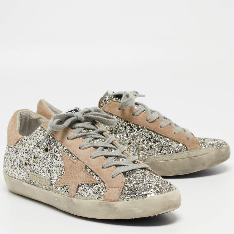 Pre Owned Golden Goose Silver/Beige Coarse Glitter and Suede Super-Star Sneakers Size 38