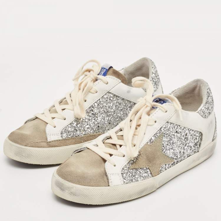 Pre Owned Golden Goose White/Grey Suede and Leather Superstar Sneakers Size 36