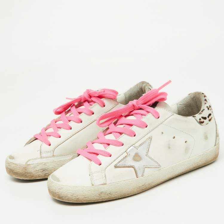 Pre Owned Golden Goose White/Brown Leather and Calf Hair Superstar Sneakers Size 37