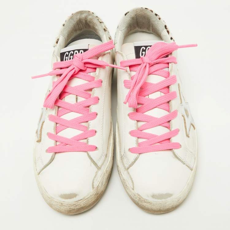 Pre Owned Golden Goose White/Brown Leather and Calf Hair Superstar Sneakers Size 37
