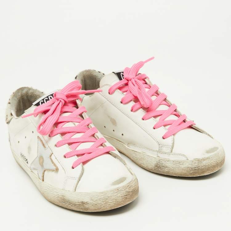 Pre Owned Golden Goose White/Brown Leather and Calf Hair Superstar Sneakers Size 37