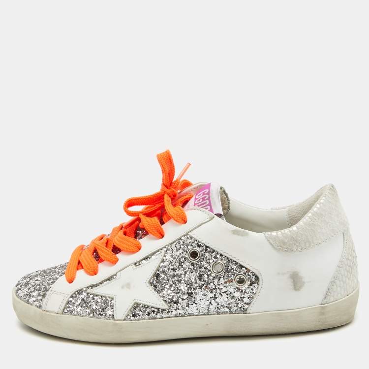 Pre Owned Golden Goose Silver/White Leather and Glitter Super Star Low Top Sneakers Size 36