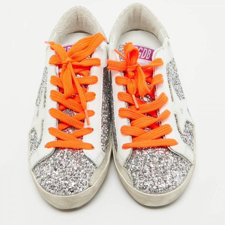 Pre Owned Golden Goose Silver/White Leather and Glitter Super Star Low Top Sneakers Size 36