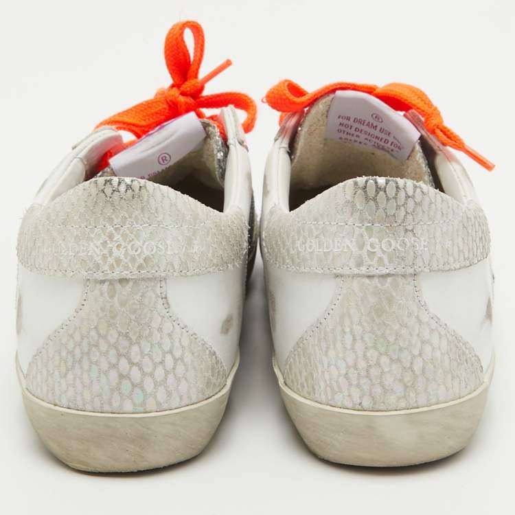 Pre Owned Golden Goose Silver/White Leather and Glitter Super Star Low Top Sneakers Size 36