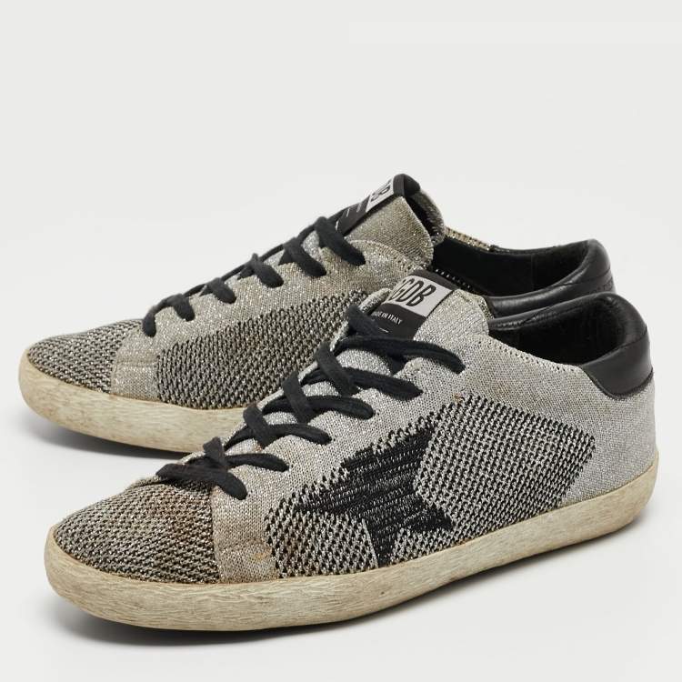 Pre Owned Golden Goose Grey/Black Glitter Fabric and Leather Superstar Sneakers Size 37