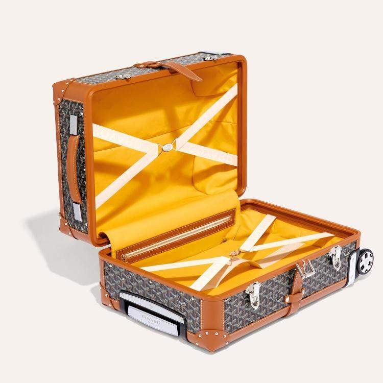 Pre Owned Goyard Black & Tan Goyardine Canvas & Clamecy Cowhide Bourget PM Trolley Case