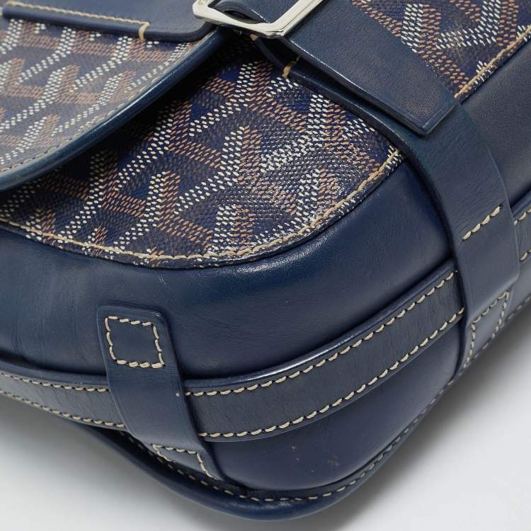 Pre Owned Goyard Blue Goyardine Coated Canvas and Leather Belvedere MM Saddle Bag