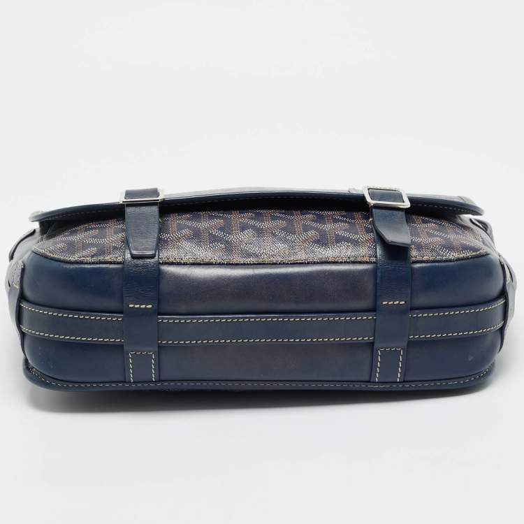 Pre Owned Goyard Blue Goyardine Coated Canvas and Leather Belvedere MM Saddle Bag